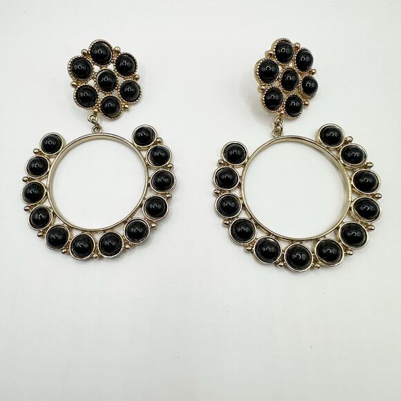 Lauren Conrad Hoop Earrings LC Black gold tone Chunky Big Bold Western Jewelry - Picture 1 of 6